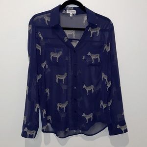 Express Navy Blue Zebra Print Semi-Sheer Portofino Shirt